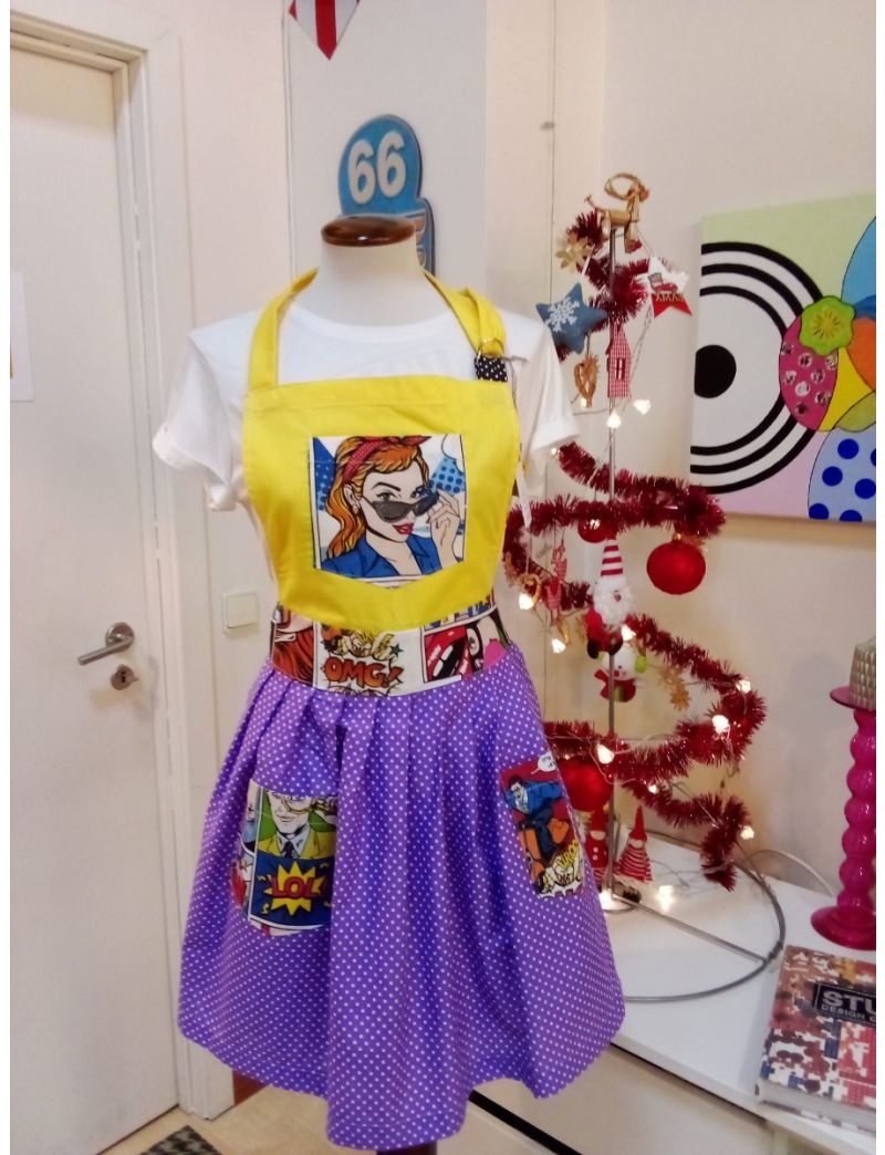 Avental três bolsos - amarelo e roxo