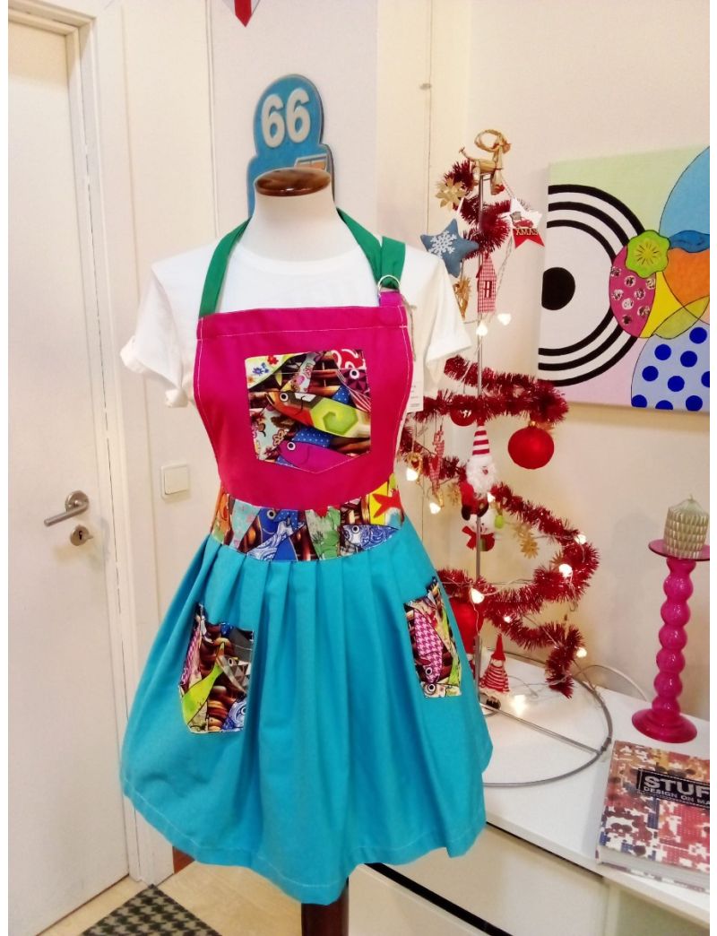 Avental três bolsos - vermelho e azul